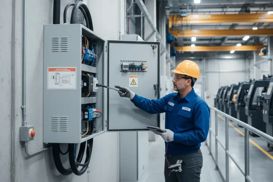 Technician inspecting light industrial electrical equipment